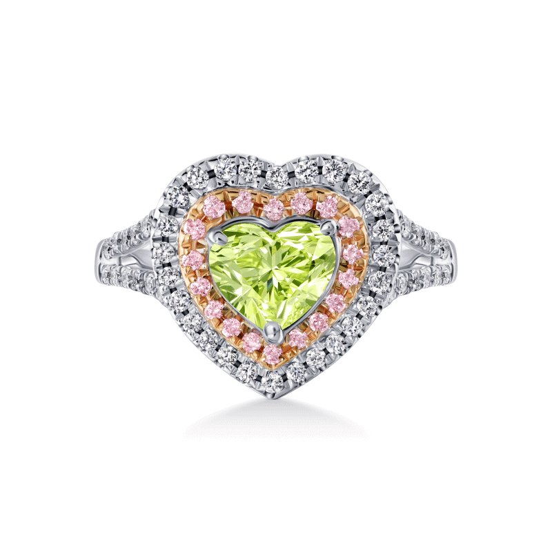 1 Carat Fancy Green Yellow SI2 Heart Shape Diamond Ring