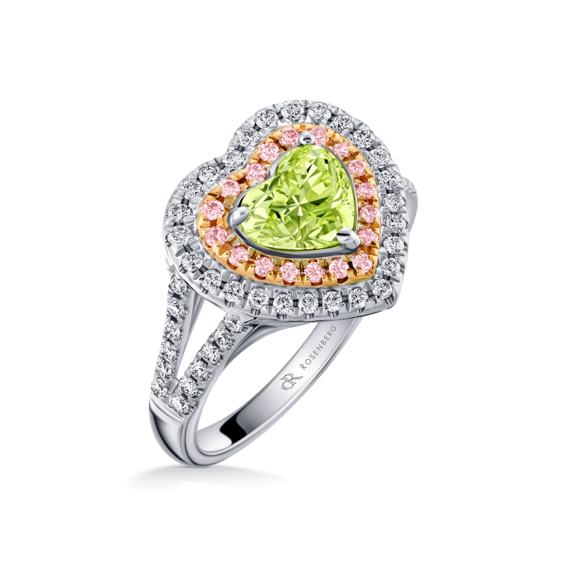 1 Carat Fancy Green Yellow SI2 Heart Shape Diamond Ring