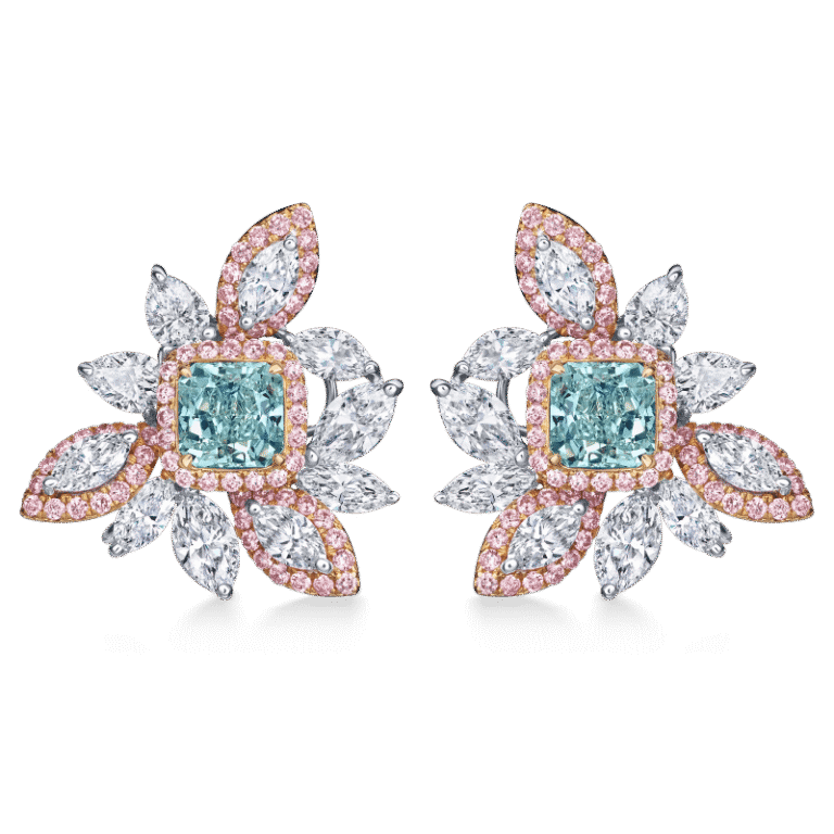 1 Carat Fancy Light Blue Green VS2 Cushion Cut Diamond Cluster Earrings
