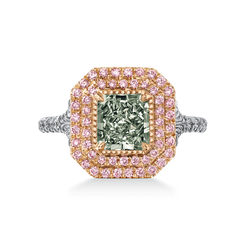 1 Carat Fancy Light Yellow Green SI1 Radiant Cut Diamond Ring
