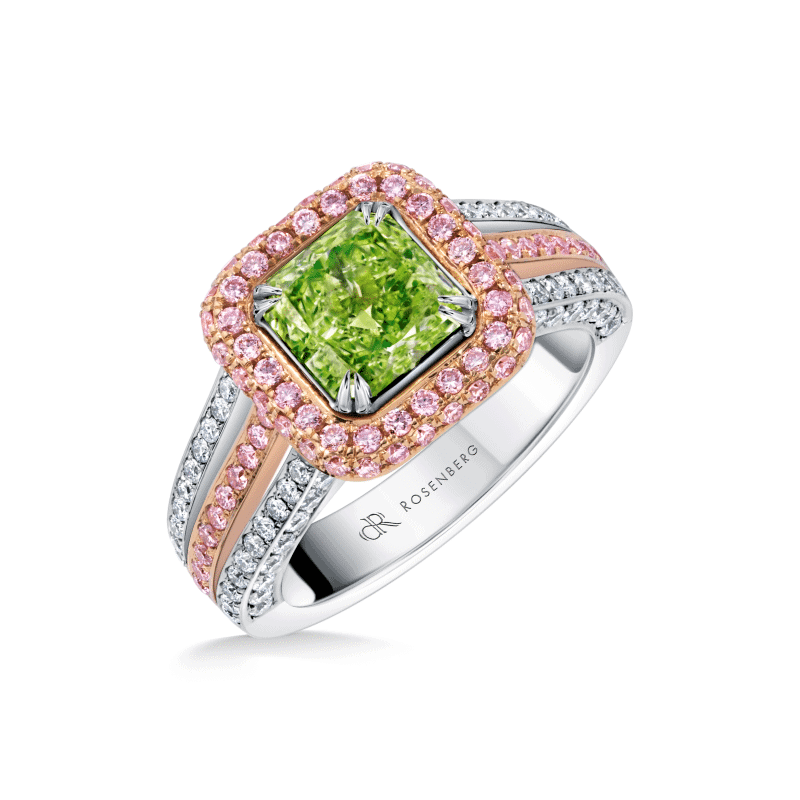 2 Carat Fancy Intense Yellow Green Radiant Cut Diamond Ring