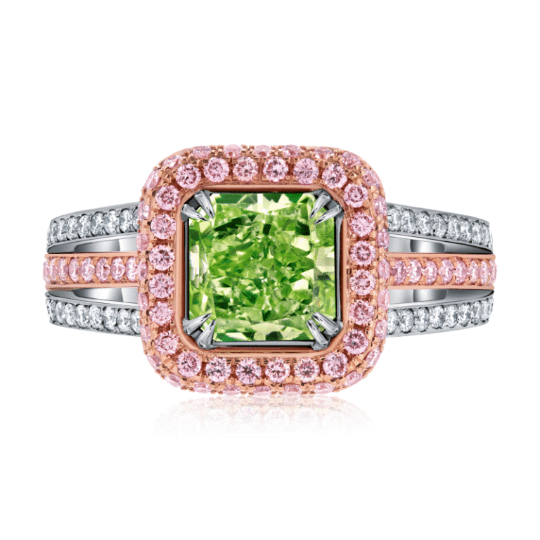 2 Carat Fancy Intense Yellow Green Radiant Cut Diamond Ring