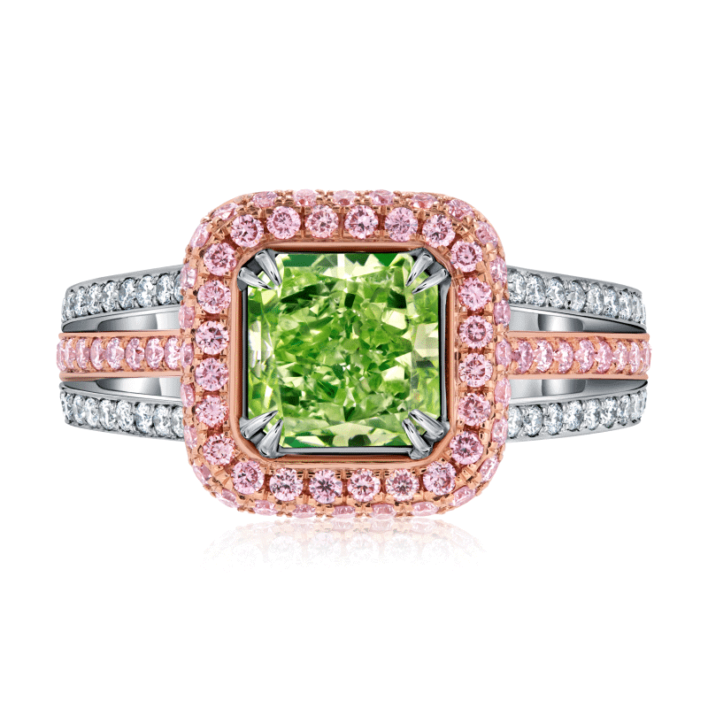 2 Carat Fancy Intense Yellow Green Radiant Cut Diamond Ring