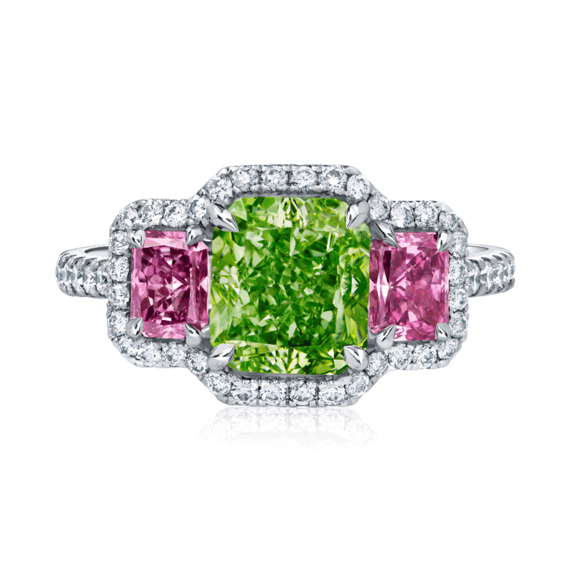 2 Carat Fancy Vivid Green SI2 Radiant Cut Diamond Ring