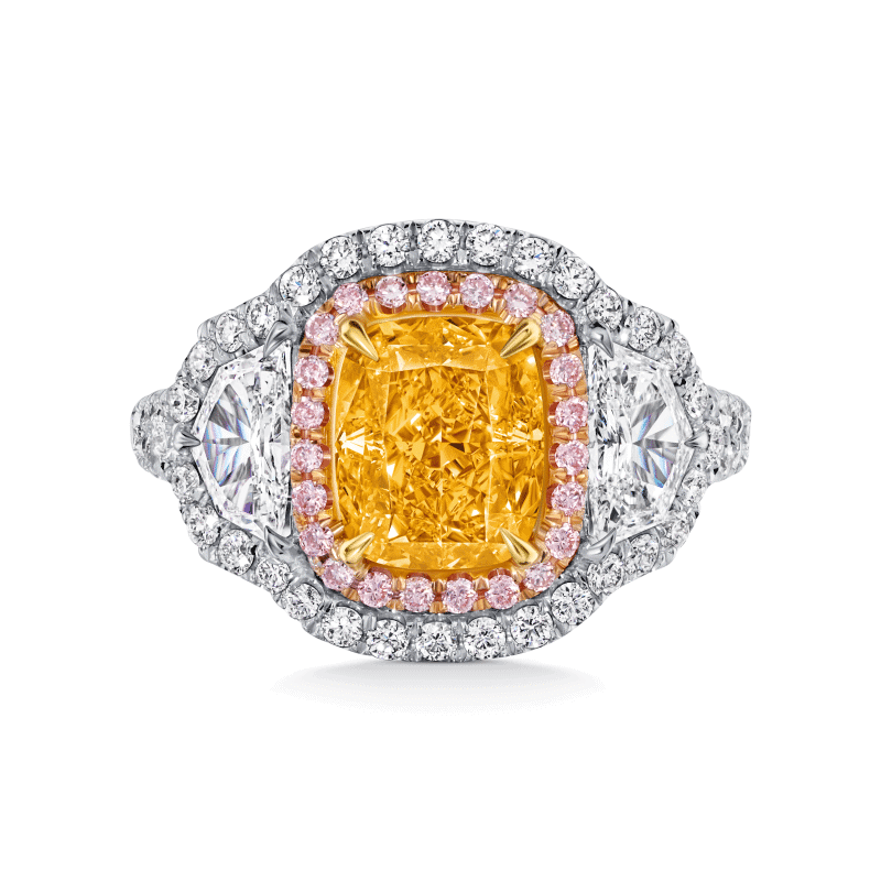 2 Carat Fancy Intense Orange Yellow SI1 Cushion Cut Diamond Ring