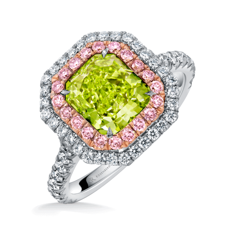 2 Carat Fancy Green Yellow VS1 Radiant Cut Diamond Ring