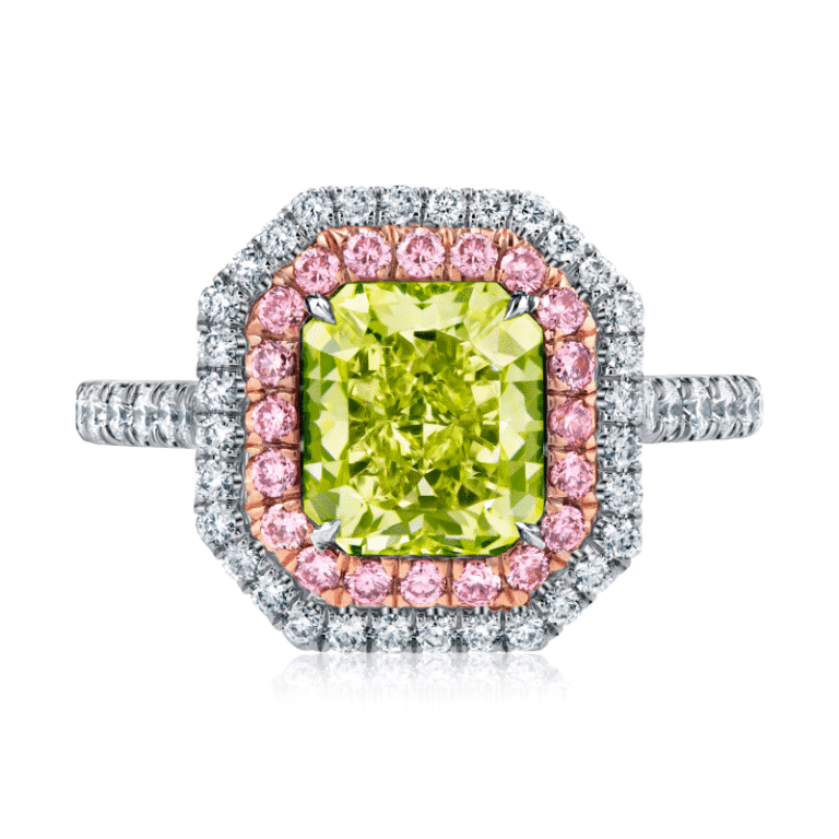 2 Carat Fancy Green Yellow VS1 Radiant Cut Diamond Ring