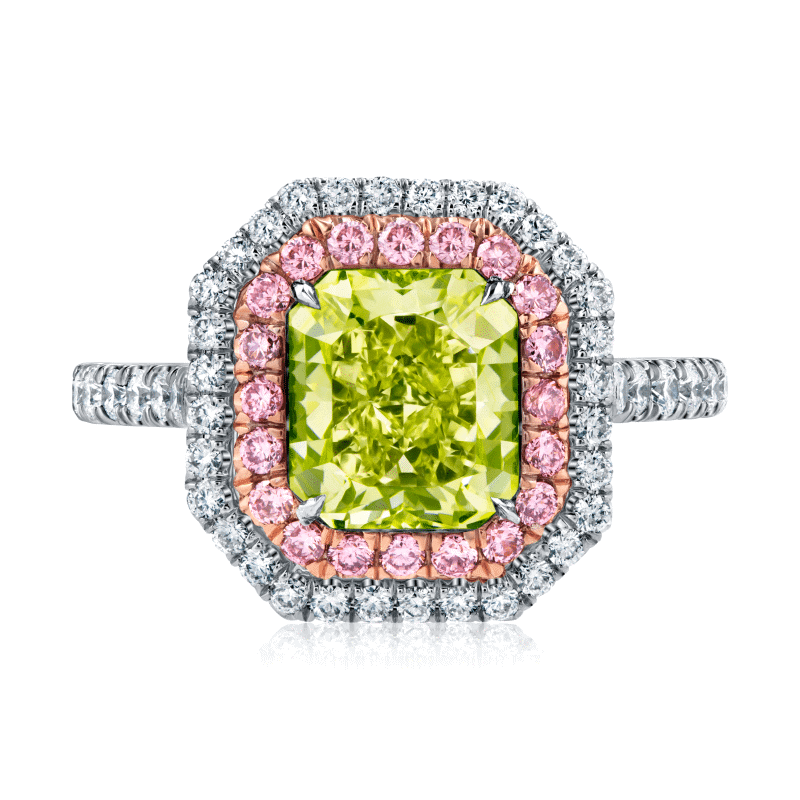 2 Carat Fancy Green Yellow VS1 Radiant Cut Diamond Ring