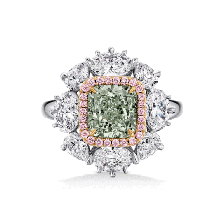 2 Carat Fancy Green VS2 Cushion Cut Diamond Ring