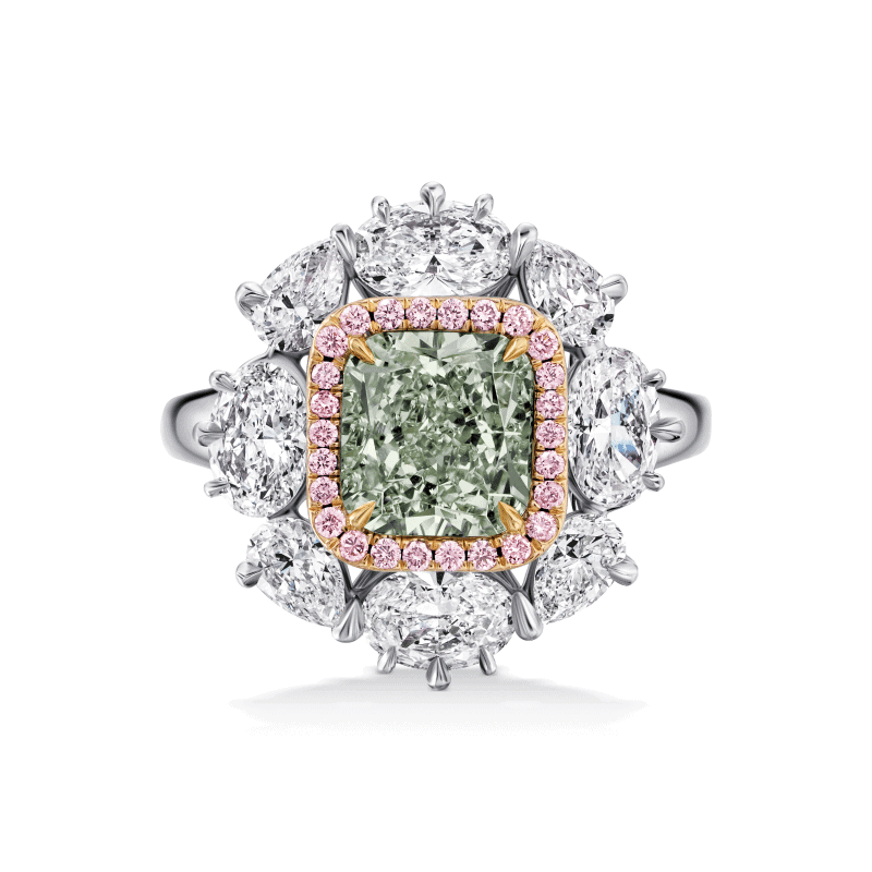 2 Carat Fancy Green VS2 Cushion Cut Diamond Ring