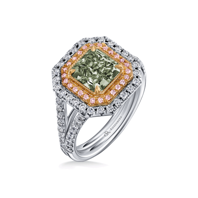 2 Carat Light Green Yellow SI1 Radiant Cut Diamond Ring