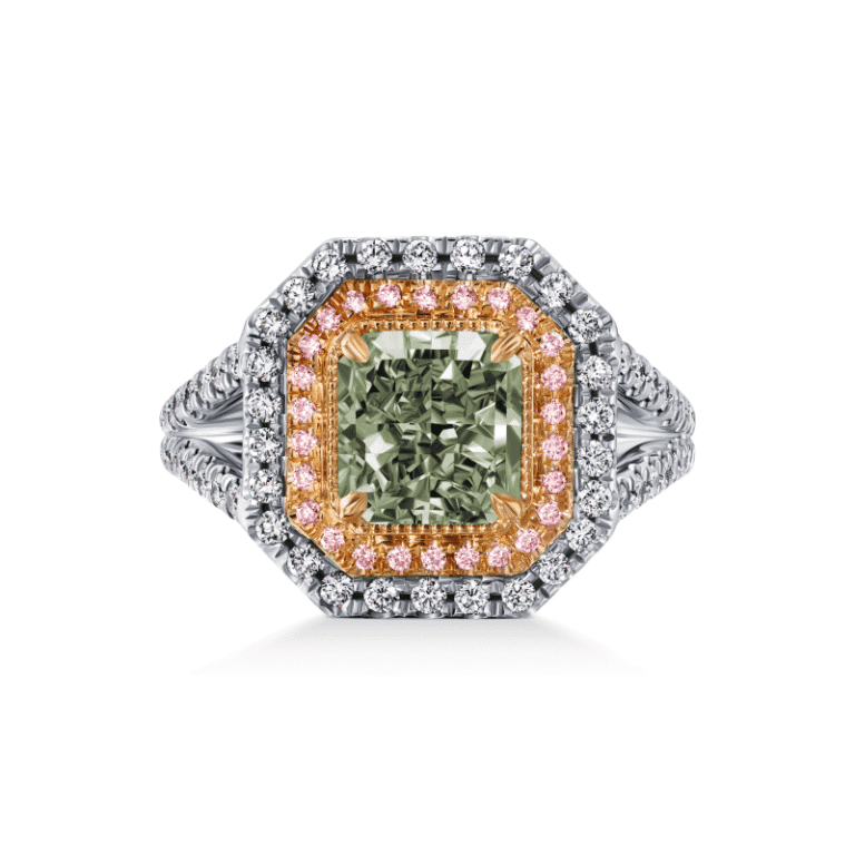 2 Carat Light Green Yellow SI1 Radiant Cut Diamond Ring