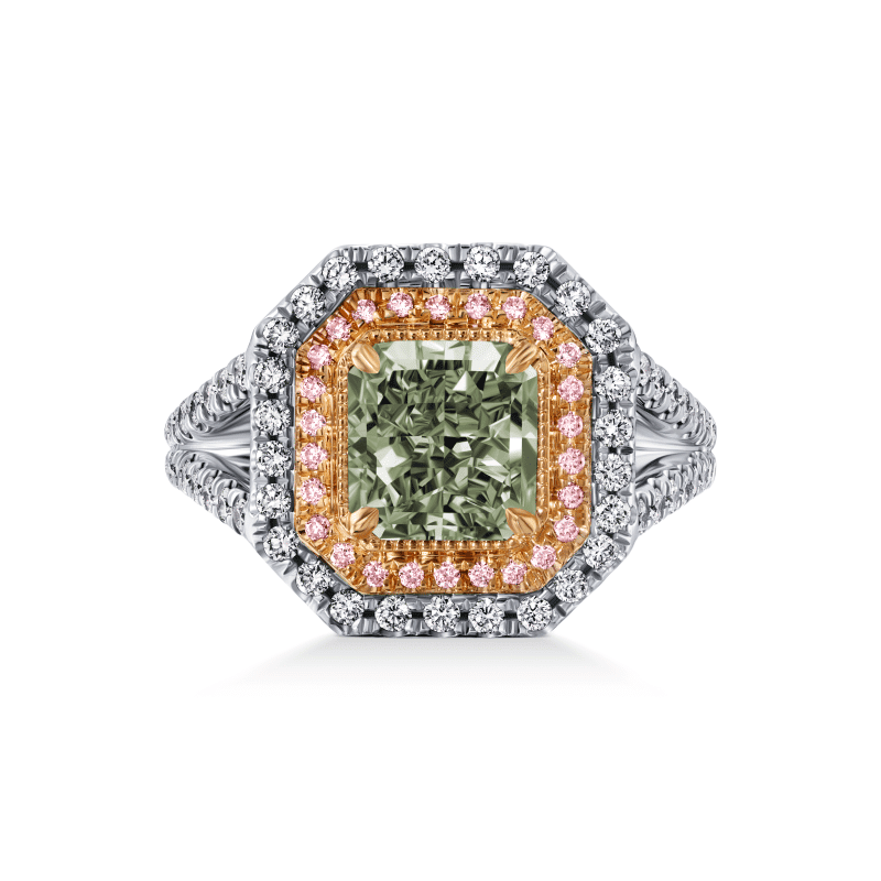 2 Carat Light Green Yellow SI1 Radiant Cut Diamond Ring