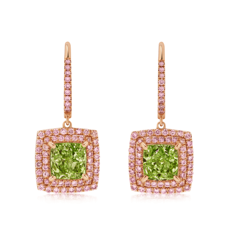 3 Carat Fancy Yellow/Yellowish Green SI1-SI2 Cushion Cut Diamond Drop Earrings