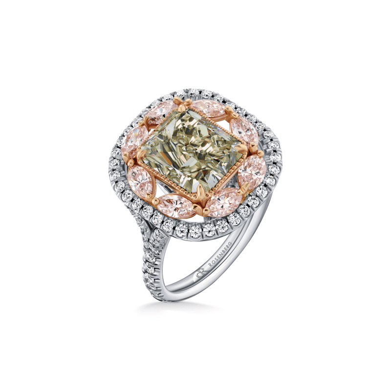 3 Carat Fancy Green Yellow VS2 Radiant Cut Diamond Ring