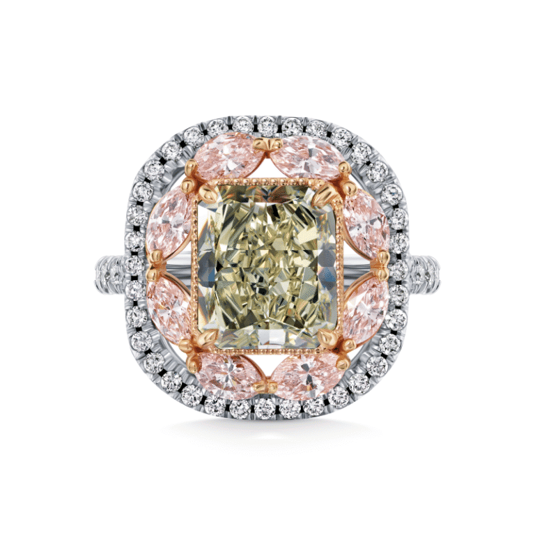 3 Carat Fancy Green Yellow VS2 Radiant Cut Diamond Ring