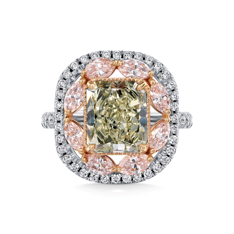 3 Carat Fancy Green Yellow VS2 Radiant Cut Diamond Ring