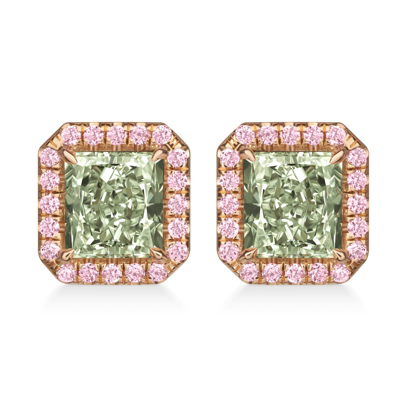 4 Carat Fancy Green VS2 – SI2 Radiant Cut Diamond Stud Earrings