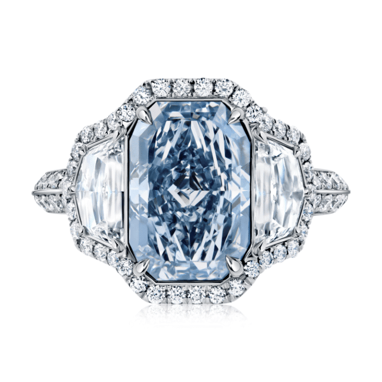 4 Carat Fancy Blue VS2 Radiant Cut Diamond Ring