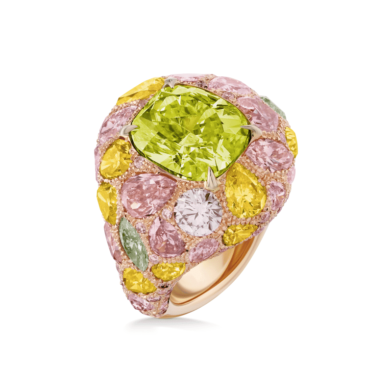 5 Carat Fancy Intense Greenish Yellow SI1 Cushion Cut Diamond Ring