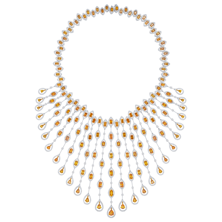 65 Carat Fancy Vivid Yellow Orange Marquise Shape Diamond Necklace