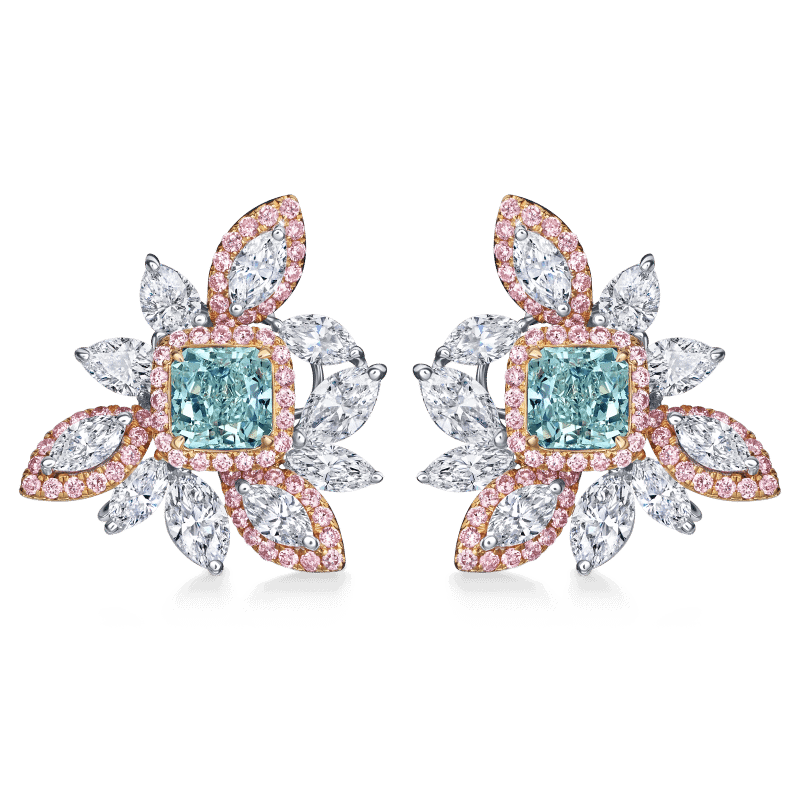 1 Carat Fancy Light Blue Green VS2 Cushion Cut Diamond Cluster Earrings