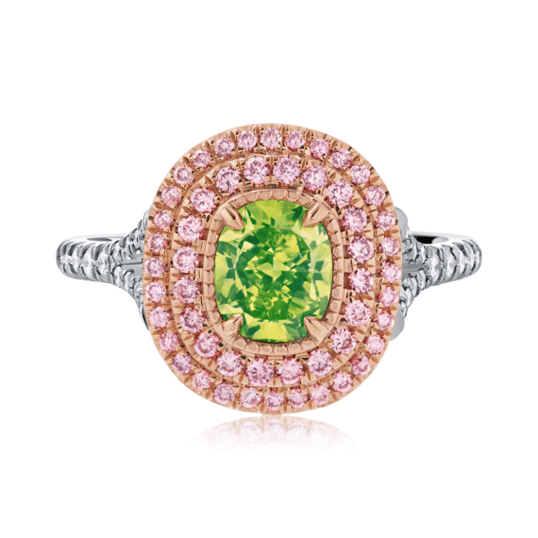 1 Carat Fancy Intense Greenish Yellow VS1 Cushion Cut Diamond Ring