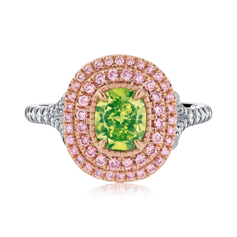 1 Carat Fancy Intense Greenish Yellow VS1 Cushion Cut Diamond Ring