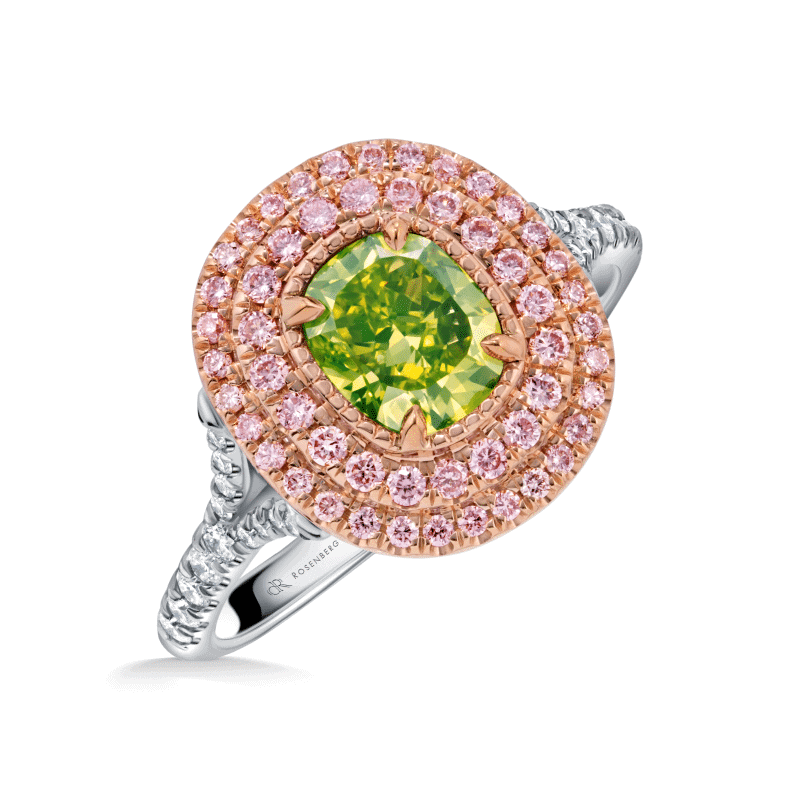 1 Carat Fancy Intense Greenish Yellow VS1 Cushion Cut Diamond Ring