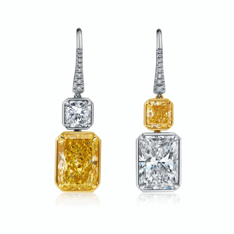 12 Carat Fancy Yellow & H VS2 Radiant Cut Diamond Earrings
