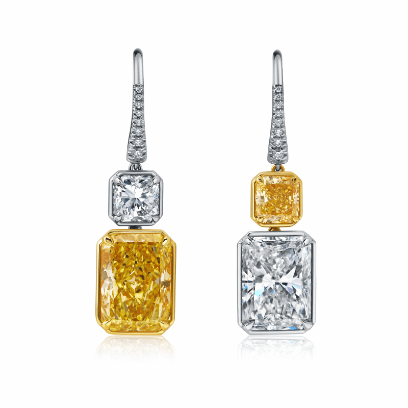 12 Carat Fancy Yellow & H VS2 Radiant Cut Diamond Earrings
