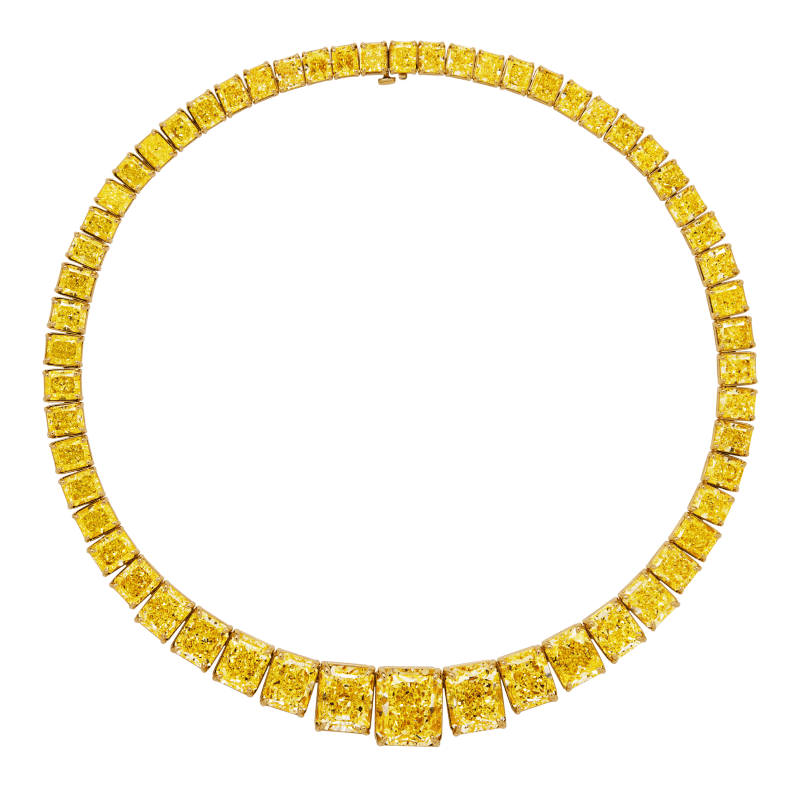 129 Carat Fancy Yellow-VS2 With A 15.05ct Fancy Yellow Radiant Cut Diamond Riviera Necklace