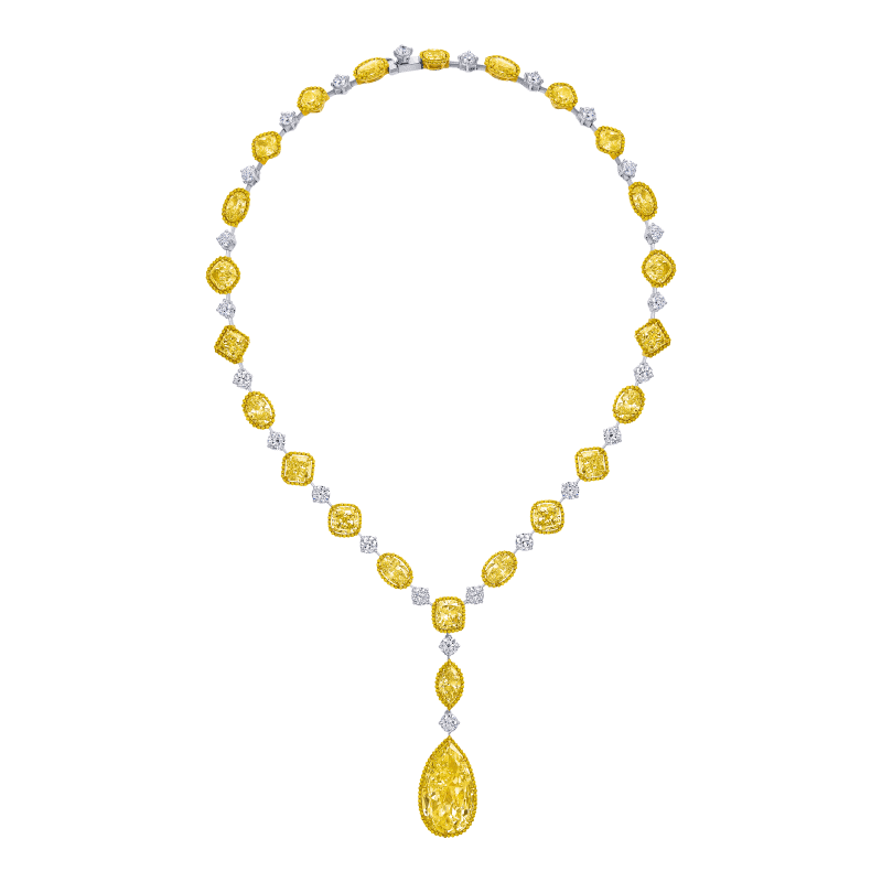 62 Carat Fancy Yellow White VS1 Multi Shape Diamond Necklace