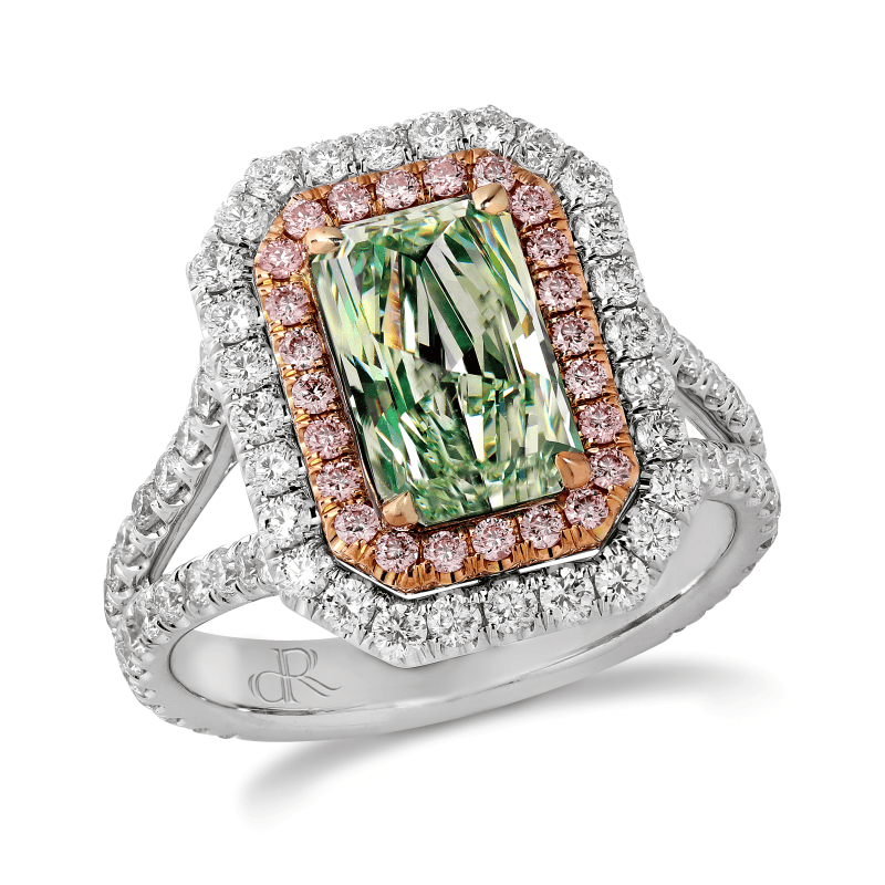 2 Carat Fancy Green VS1 Radiant Cut Diamond Ring