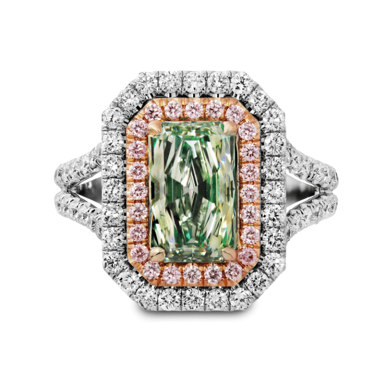 2 Carat Fancy Green VS1 Radiant Cut Diamond Ring