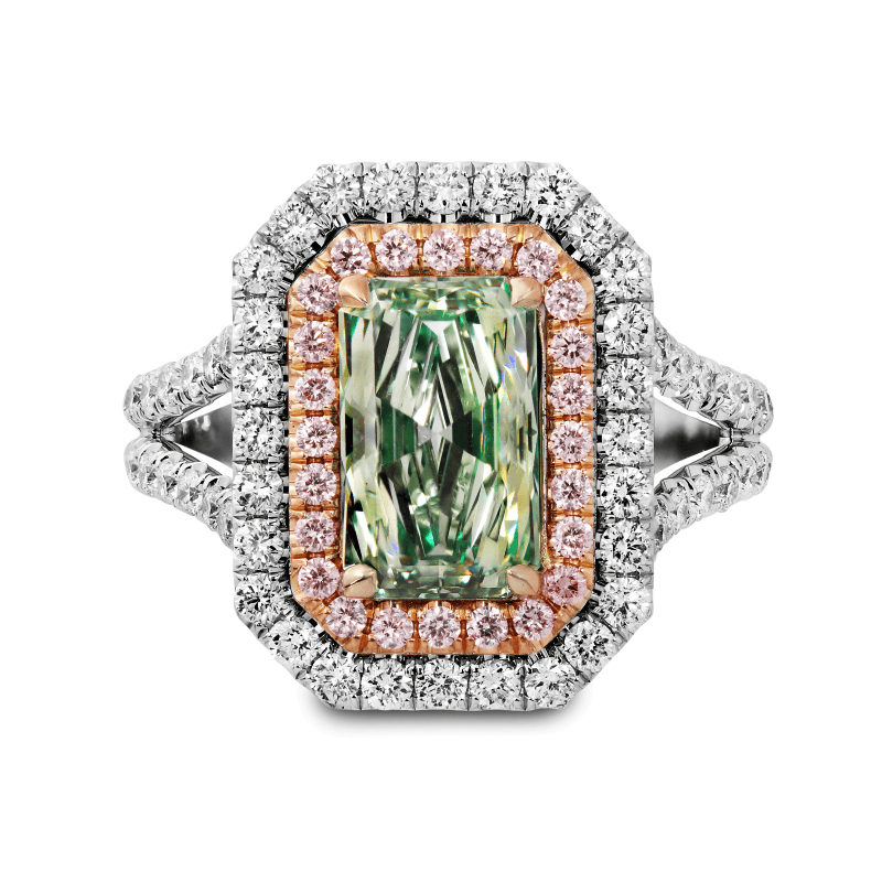 2 Carat Fancy Green VS1 Radiant Cut Diamond Ring