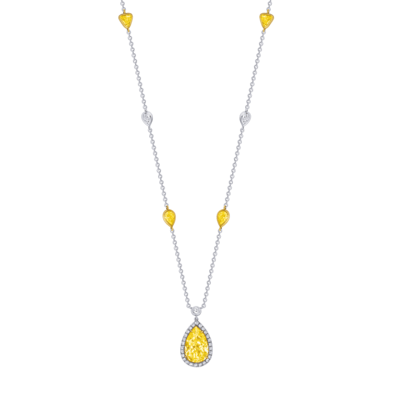 3 Carat Fancy Yellow Pear Shape Diamond Pendant Necklace