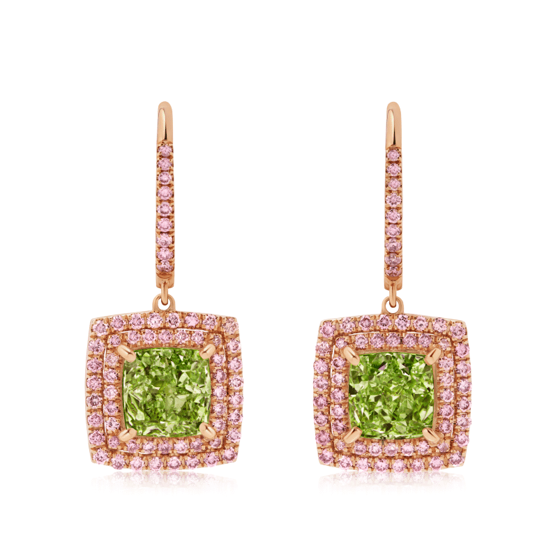 3 Carat Fancy Yellow/Yellowish Green SI1-SI2 Cushion Cut Diamond Drop Earrings