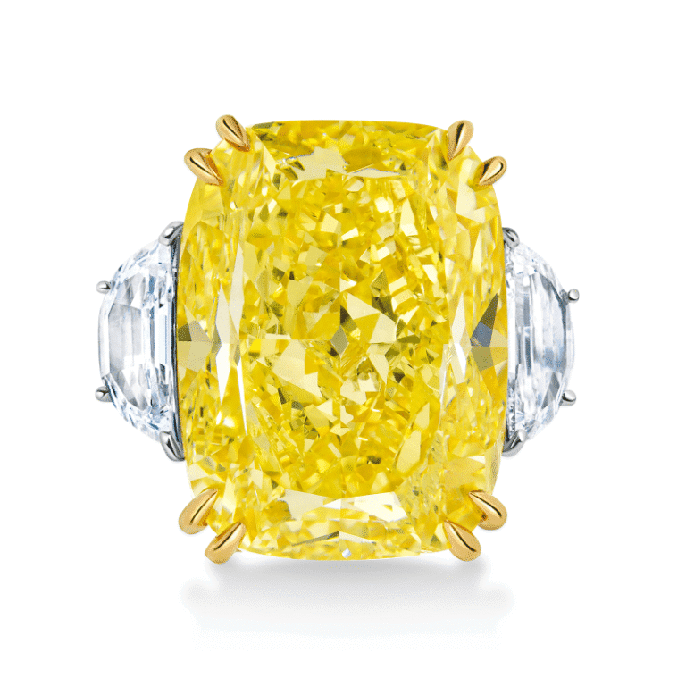 30 Carat Fancy Intense Yellow VS2 Cushion Cut Diamond Ring