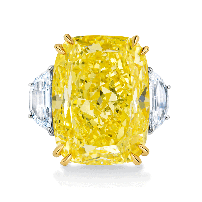 30 Carat Fancy Intense Yellow VS2 Cushion Cut Diamond Ring