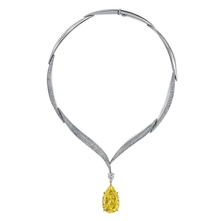 32 Carat Fancy Intense Yellow VS2 Pear Shape Diamond Necklace