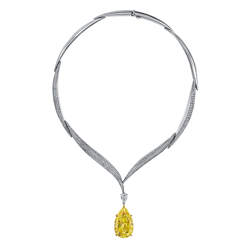 32 Carat Fancy Intense Yellow VS2 Pear Shape Diamond Necklace