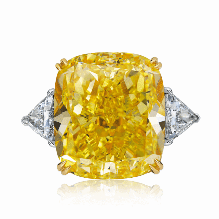 38 Carat Fancy Vivid Yellow VVS2 Cushion Cut Diamond Ring