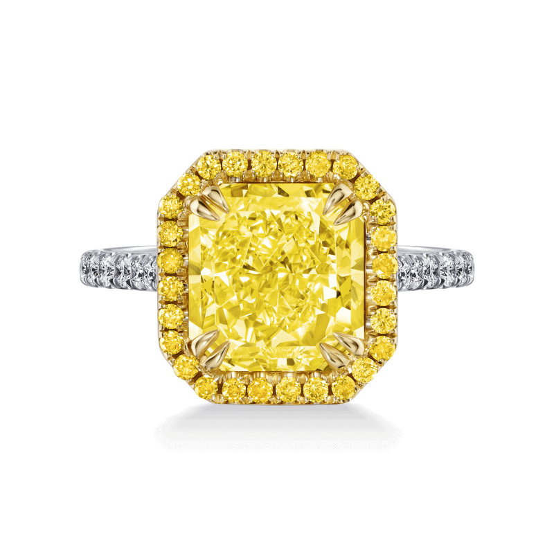 4 Carat Fancy Intense Yellow VS2 Radiant Cut Diamond Ring