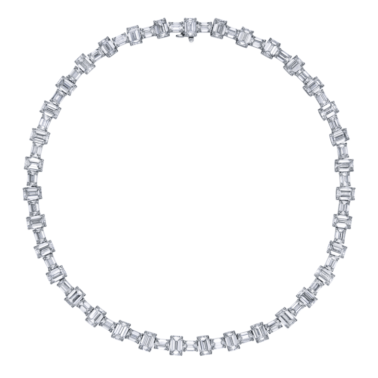 53 Carat D-F-VS2 East West North South Emerald Cut Diamond Necklace
