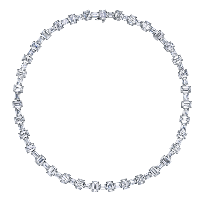 53 Carat D-F-VS2 East West North South Emerald Cut Diamond Necklace