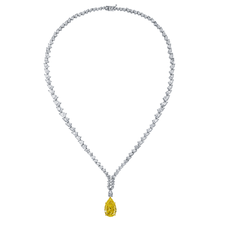 30cttw Pear Shape D-F Flawless-SI2 & 7.02ct Fancy Intense Yellow Drop Necklace GIA
