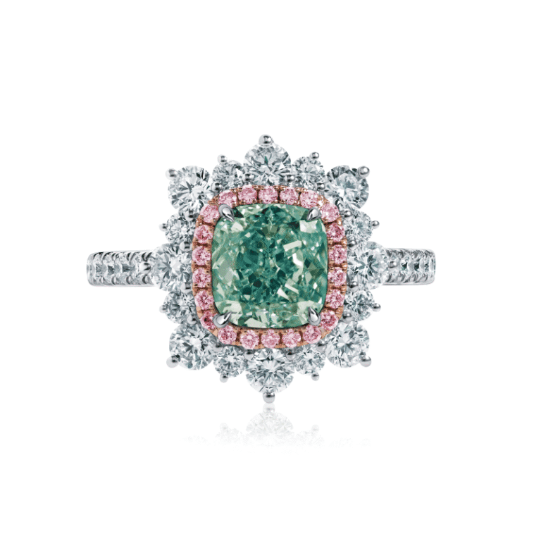 2 Carat Fancy Intense Bluish Green SI1 Cushion Cut Diamond Ring