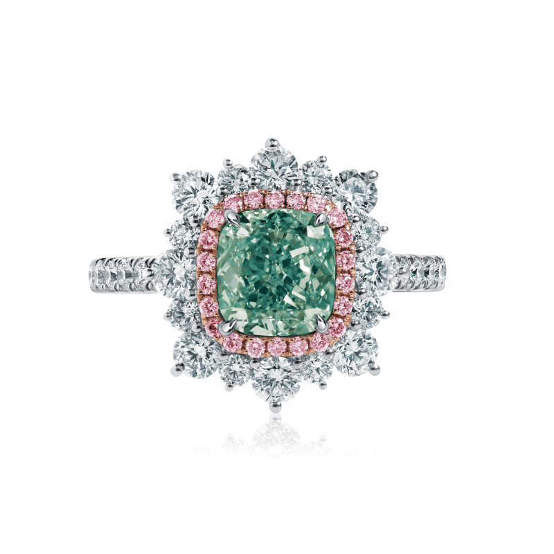 2 Carat Fancy Intense Bluish Green SI1 Cushion Cut Diamond Ring