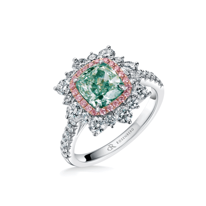 2 Carat Fancy Intense Bluish Green SI1 Cushion Cut Diamond Ring